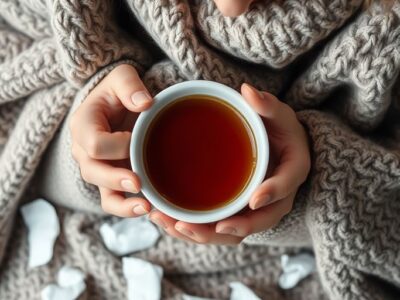 Person with blanket and tea, tissues around