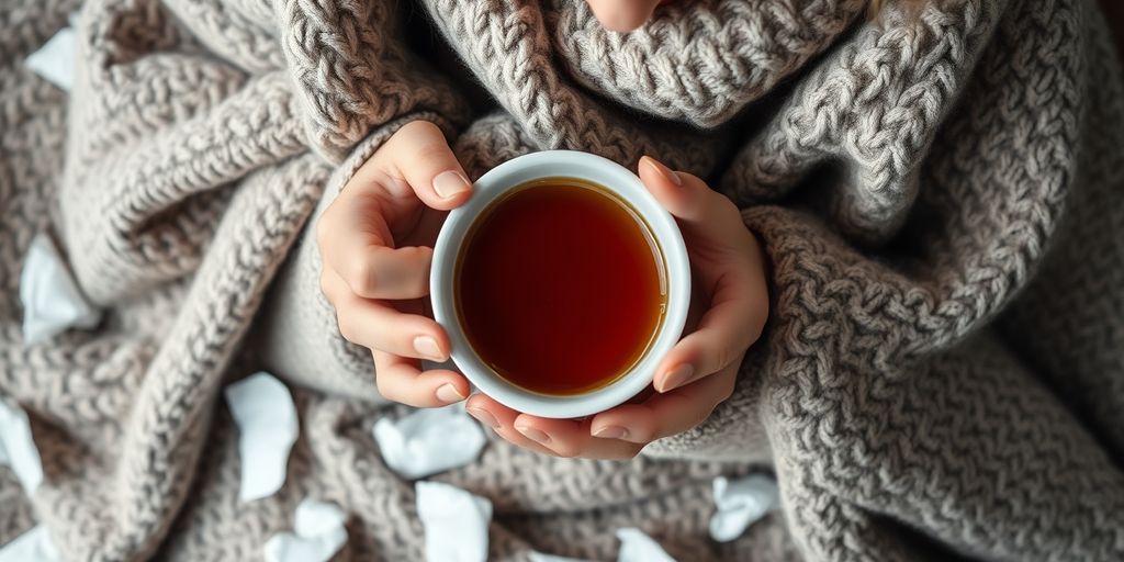 Person with blanket and tea, tissues around