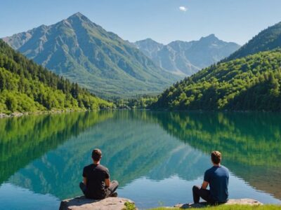 Person sitting by a calm lake