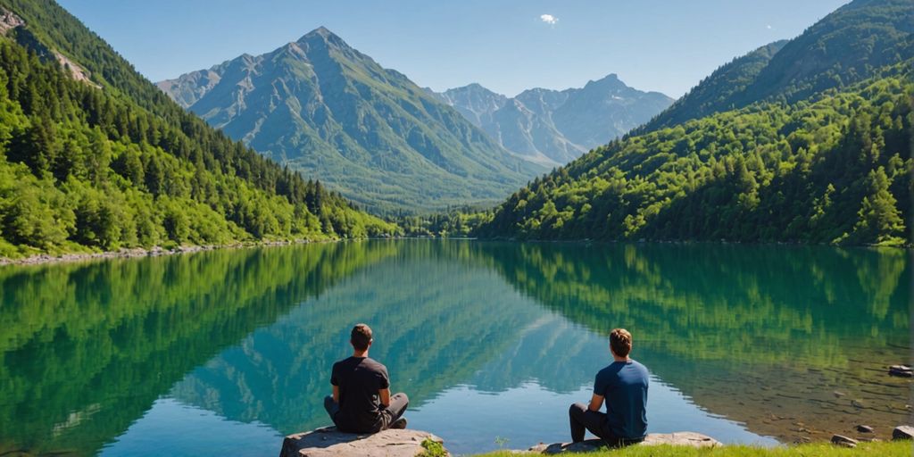 Person sitting by a calm lake