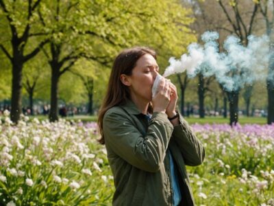 Person sneezing in a park with blooming flowers.