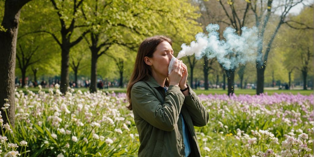 Person sneezing in a park with blooming flowers.