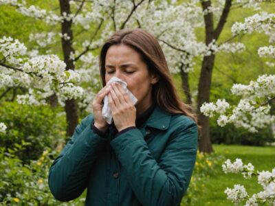 Person sneezing near blooming flowers and trees