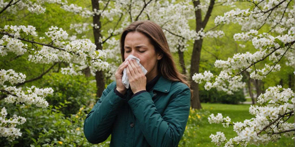 Person sneezing near blooming flowers and trees