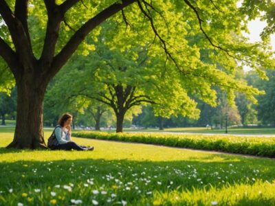 Person in park with blooming flowers