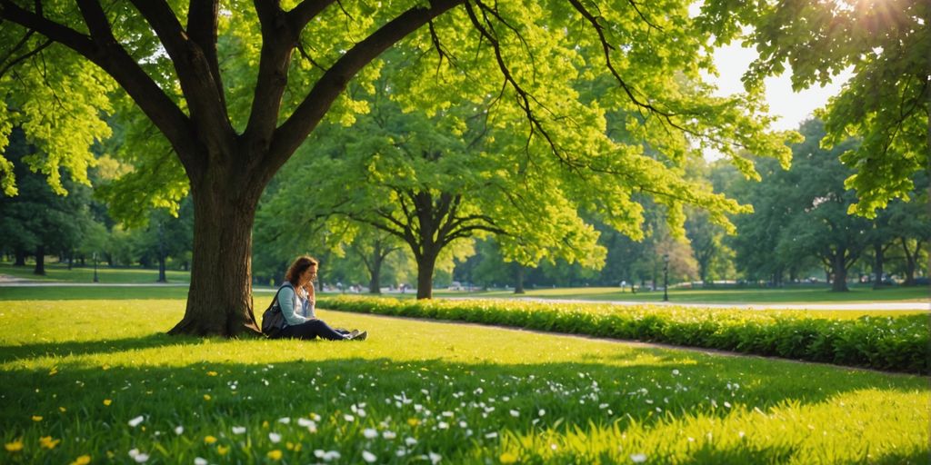 Person in park with blooming flowers