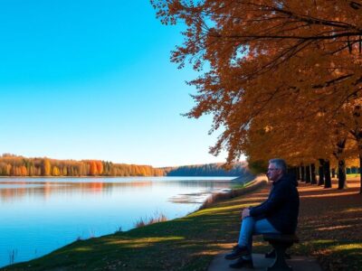 Person sitting by a calm lake in autumn