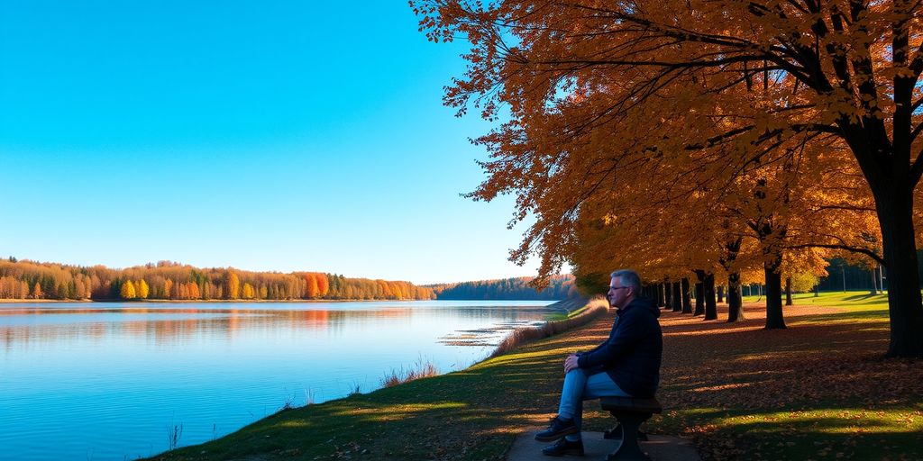 Person sitting by a calm lake in autumn