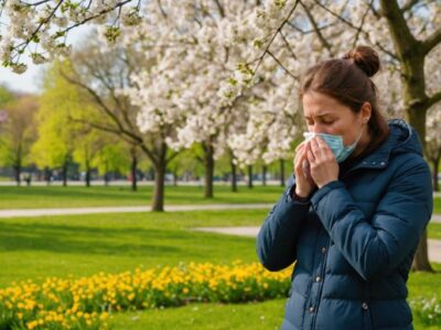 Person sneezing in a park with flowers