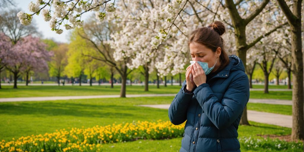 Person sneezing in a park with flowers