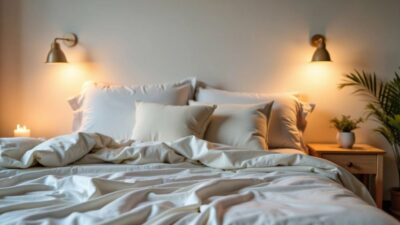 Cozy bedroom with soft pillows and gentle lighting.