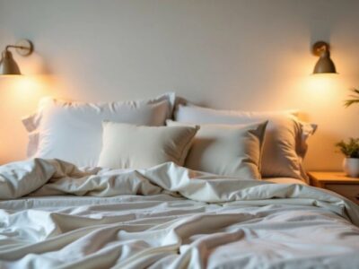 Cozy bedroom with soft pillows and gentle lighting.