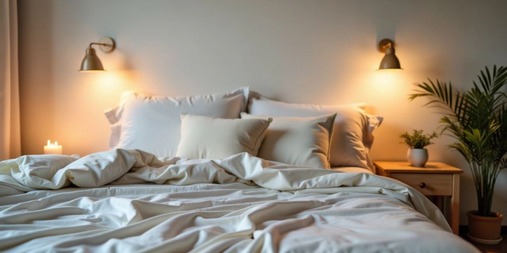 Cozy bedroom with soft pillows and gentle lighting.