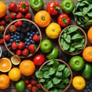 Fresh fruits and vegetables on a wooden table