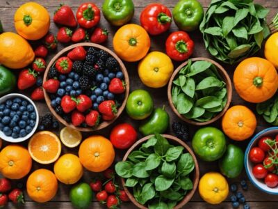 Fresh fruits and vegetables on a wooden table