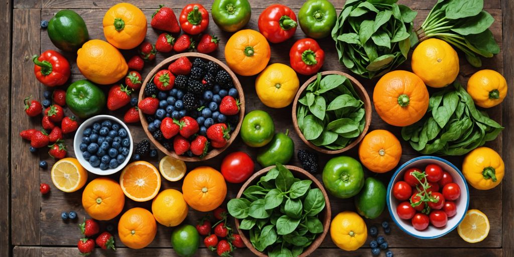 Fresh fruits and vegetables on a wooden table