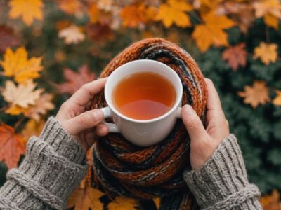 Person with scarf and tea in autumn