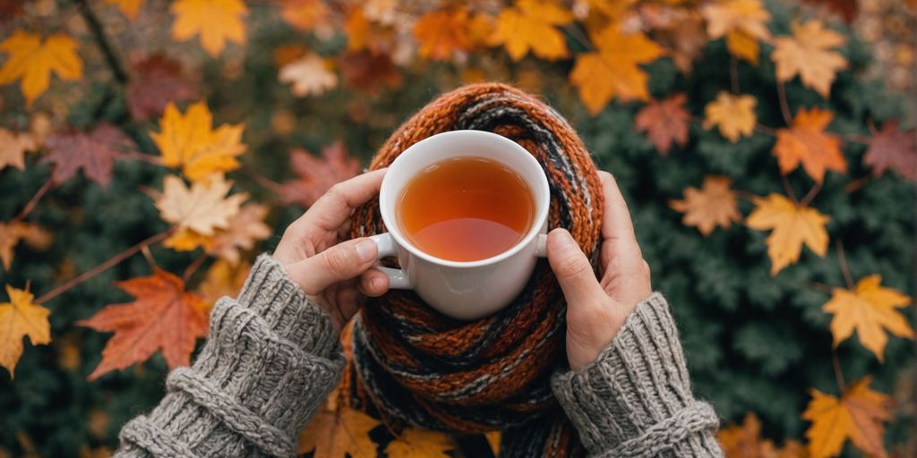 Person with scarf and tea in autumn