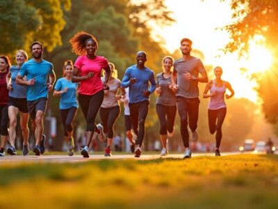 People jogging in a park at sunrise