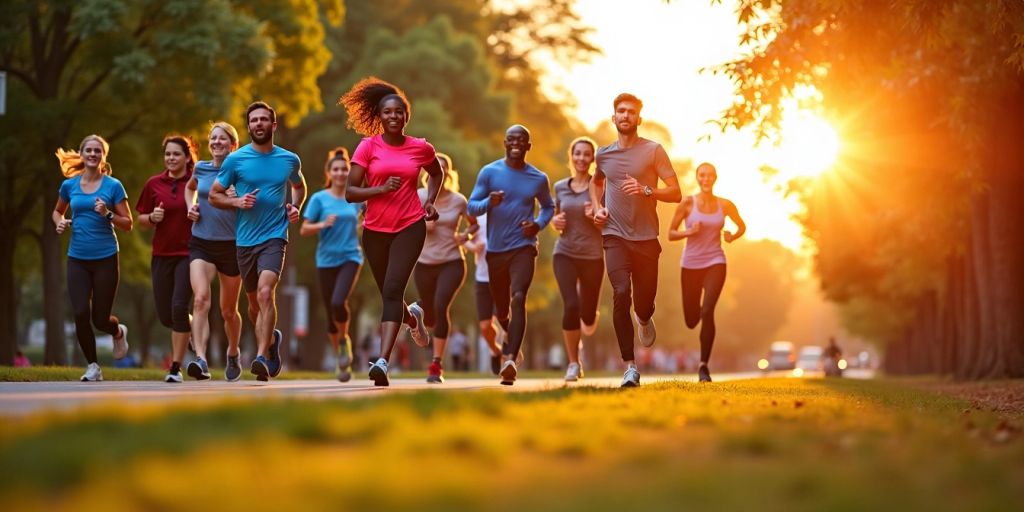 People jogging in a park at sunrise