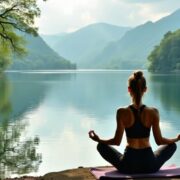 Person practicing yoga by a tranquil lake.