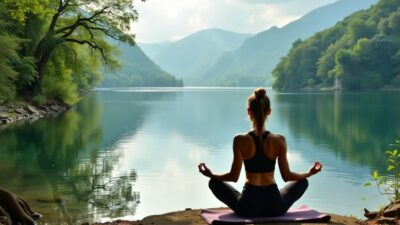 Person practicing yoga by a tranquil lake.