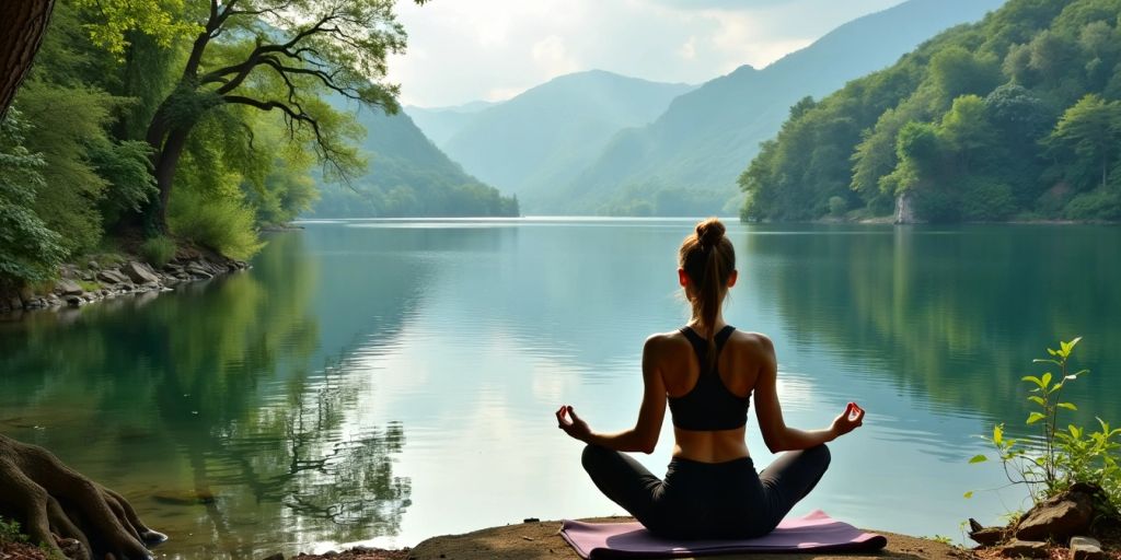 Person practicing yoga by a tranquil lake.