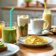 Various nutritious breakfast dishes on a wooden table.