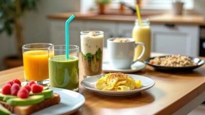 Various nutritious breakfast dishes on a wooden table.