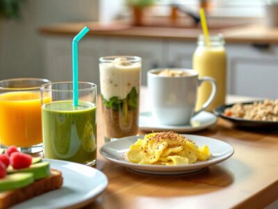 Various nutritious breakfast dishes on a wooden table.