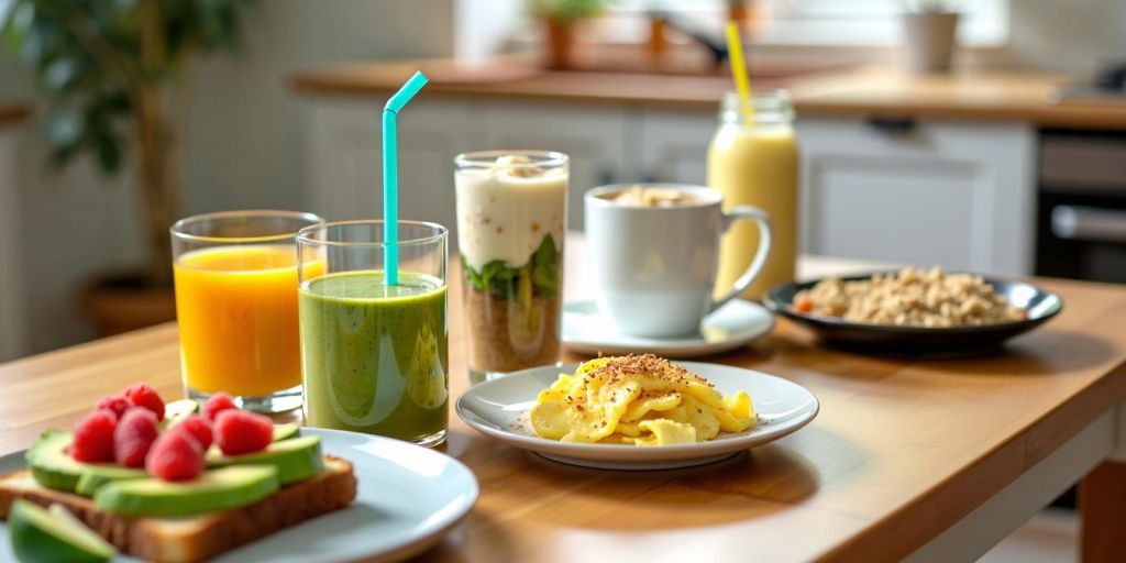 Various nutritious breakfast dishes on a wooden table.