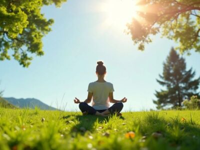 Person meditating on a hill surrounded by greenery.