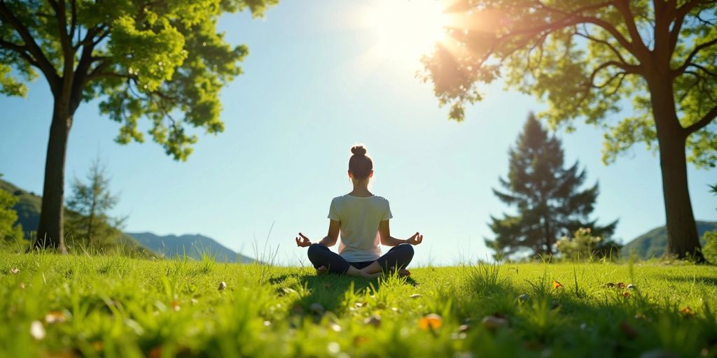 Person meditating on a hill surrounded by greenery.