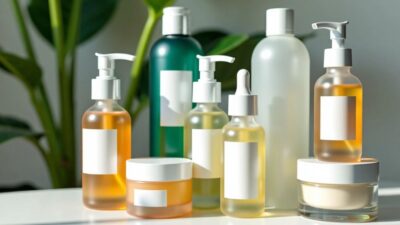 Skincare products on a white surface with a plant.