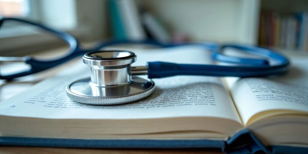 Stethoscope on a medical textbook in a doctor's office.