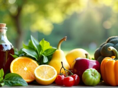 Fresh fruits and vegetables in a serene outdoor setting.