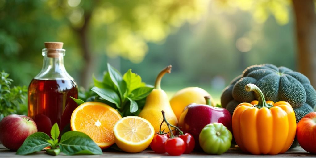 Fresh fruits and vegetables in a serene outdoor setting.