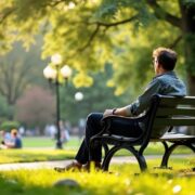 Person sitting on a park bench, looking contemplative.