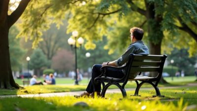 Person sitting on a park bench, looking contemplative.