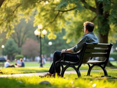 Person sitting on a park bench, looking contemplative.