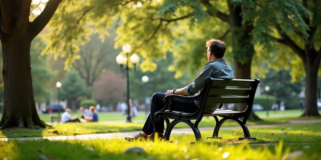 Person sitting on a park bench, looking contemplative.