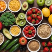 Assorted healthy foods on a wooden table.