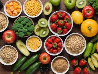 Assorted healthy foods on a wooden table.