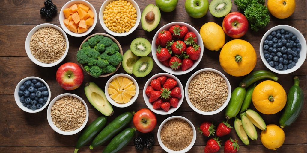 Assorted healthy foods on a wooden table.