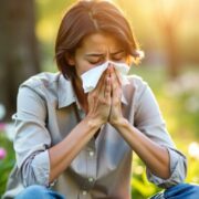 Person sneezing in a park with tissues.