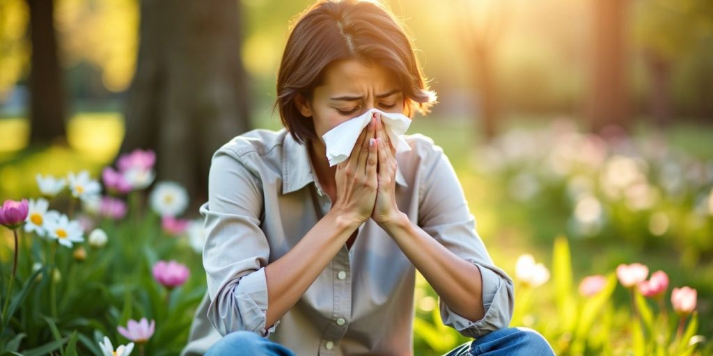 Person sneezing in a park with tissues.