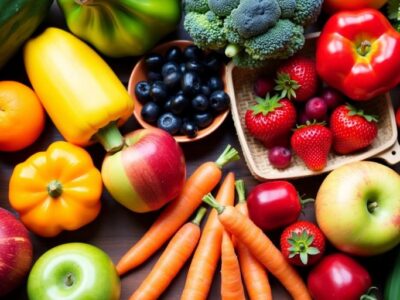 Fresh fruits and vegetables on a wooden table.