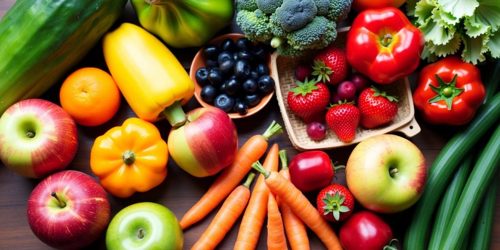 Fresh fruits and vegetables on a wooden table.