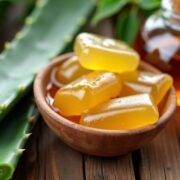 Natural ingredients for skincare: aloe vera, honey, green leaves.