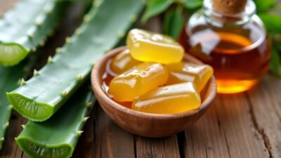 Natural ingredients for skincare: aloe vera, honey, green leaves.